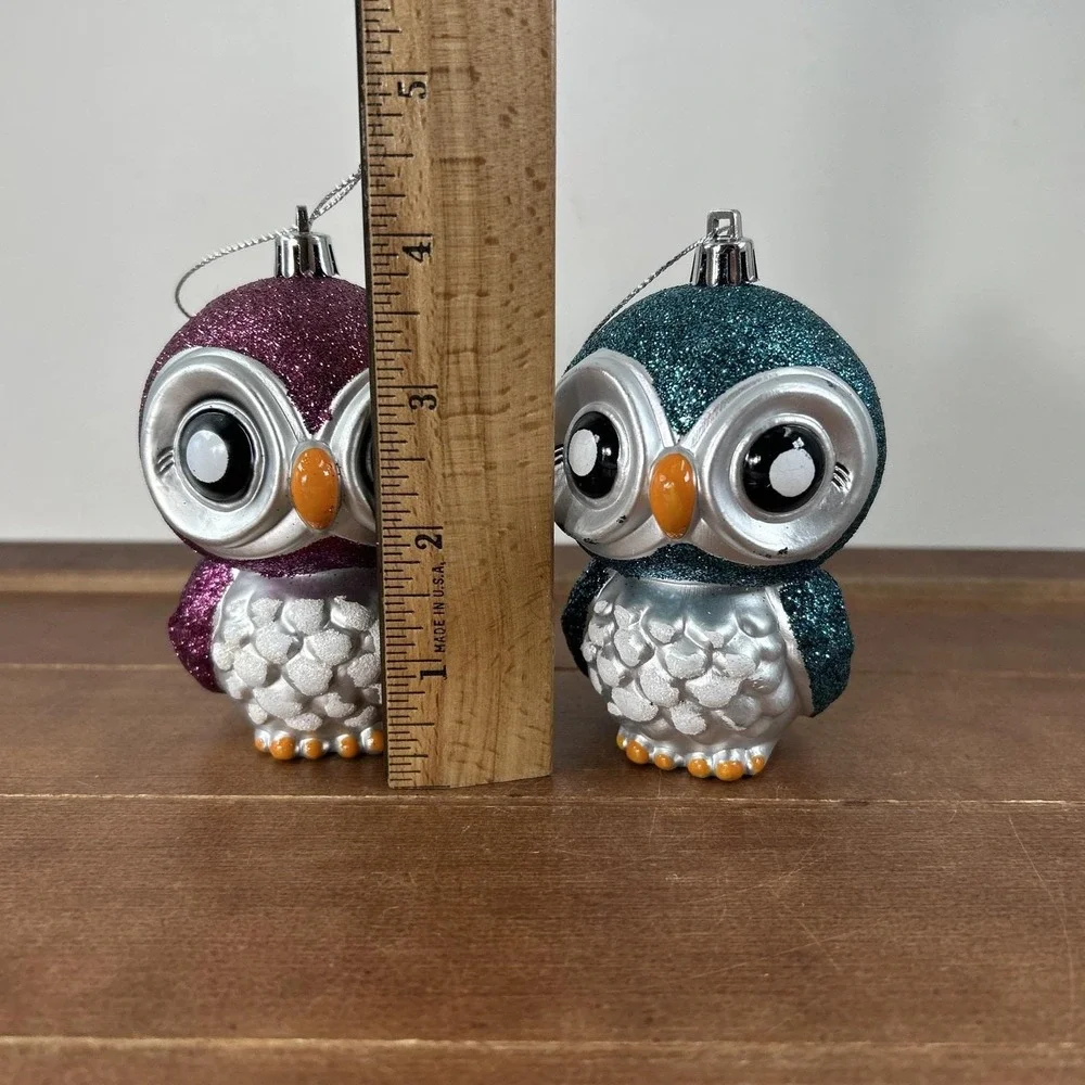 Set of 2, Christmas Owl Birds Pink Blue Glitter Plastic Body 4